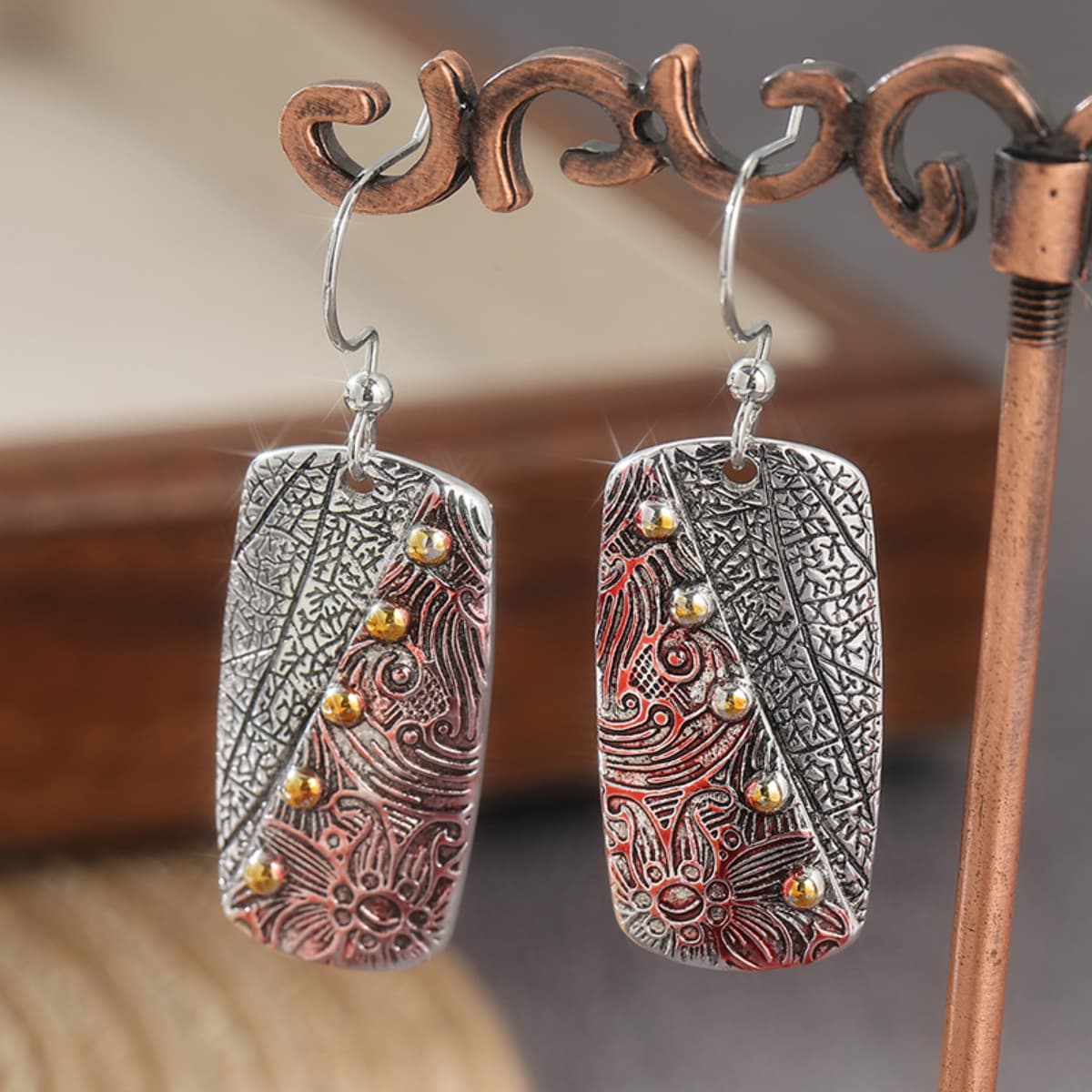 Plated Rectangular Dual Floral Leaf Dangle Earrings